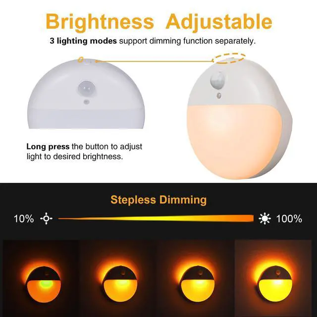 Alt view image 7 of 7 - 2 Pack Amber Night Light, Battery Operated Night Light, 2.6" Small Sticky Lights, Dimming, 3 Light Modes, Motion Sensor Lights for Kids, Baby, Sleep, Bedroom, Bathroom, Toilet, Travel, Stairs