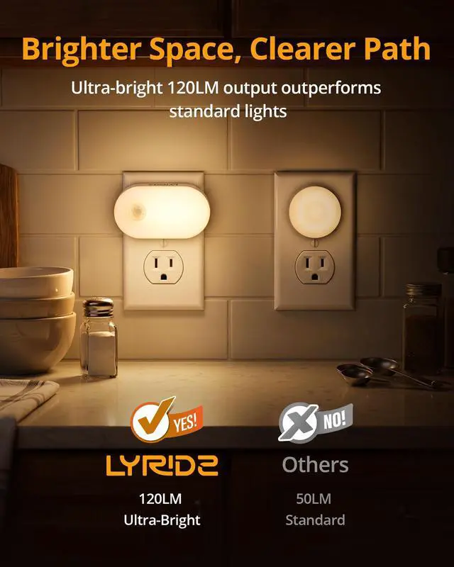 Alt view image 2 of 7 - Plug in Night Light with Motion Sensor, 120LM Superior Bright Smart Mini LED Nightlight, Warm White with Stepless Adjustable Brightness for Bathroom, Bedroom, Kitchen, Stairs, Hallway, 2 Pack