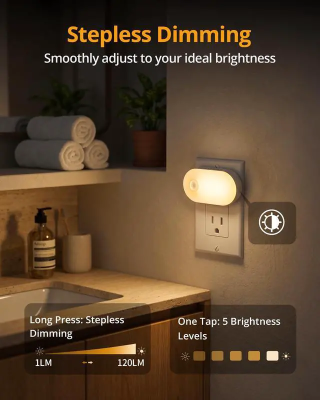 Alt view image 4 of 7 - Plug in Night Light with Motion Sensor, 120LM Superior Bright Smart Mini LED Nightlight, Warm White with Stepless Adjustable Brightness for Bathroom, Bedroom, Kitchen, Stairs, Hallway, 2 Pack