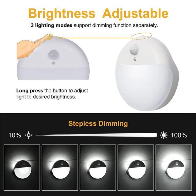 Alt view image 5 of 7 - 2 Pack Battery Night Light, Toilet Lights, 2.6" Small Motion Senor Light, Stick on Lights, 3 Light Modes, Dimmable LED Nightlight for Closet, Stairs, Garage, Cabinet, Toliet, Daylight White