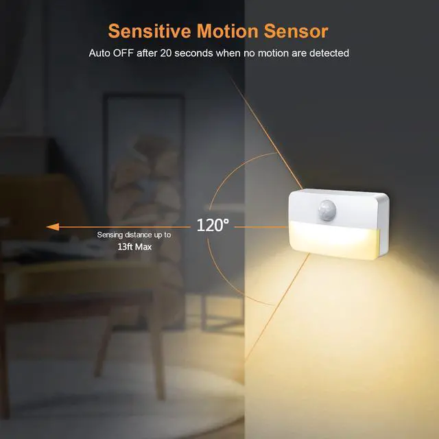 Alt view image 3 of 7 - 4 Pack Motion Sensor Night Light, Stick-On Motion Sensor Lights Indoor, Battery Powered Under Cabinet Kitchen Lights with Adhesive Pads, Auto/On/Off for Cupboard Wardrobe Stair Kitchen- Warm White