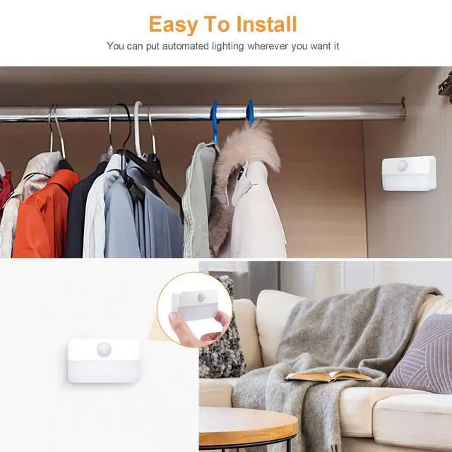 Alt view image 5 of 7 - 4 Pack Motion Sensor Night Light, Stick-On Motion Sensor Lights Indoor, Battery Powered Under Cabinet Kitchen Lights with Adhesive Pads, Auto/On/Off for Cupboard Wardrobe Stair Kitchen- Warm White