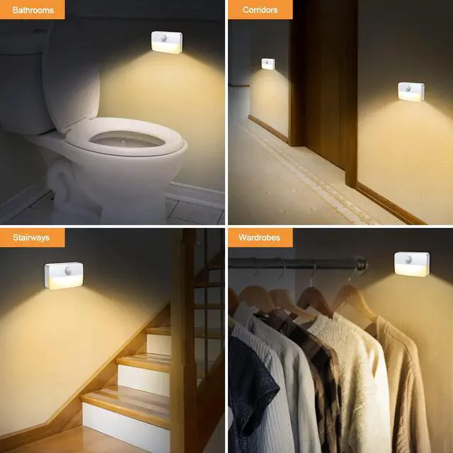 Alt view image 7 of 7 - 4 Pack Motion Sensor Night Light, Stick-On Motion Sensor Lights Indoor, Battery Powered Under Cabinet Kitchen Lights with Adhesive Pads, Auto/On/Off for Cupboard Wardrobe Stair Kitchen- Warm White