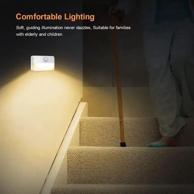 Alt view image 4 of 7 - 4 Pack Motion Sensor Night Light, Stick-On Motion Sensor Lights Indoor, Battery Powered Under Cabinet Kitchen Lights with Adhesive Pads, Auto/On/Off for Cupboard Wardrobe Stair Kitchen- Warm White