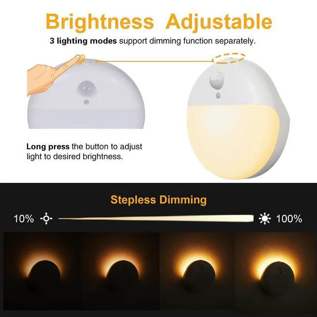 Alt view image 5 of 7 - 2 Pack Toliet Lights, 2.6" Small Motion Sensor Battery Night Light, Dimmable LED Nightlight, 3 Light Modes, Stick on Lights for Bathroom, Travel, Stairs, Cabinet, Bedroom, Kids, Warm Yellow