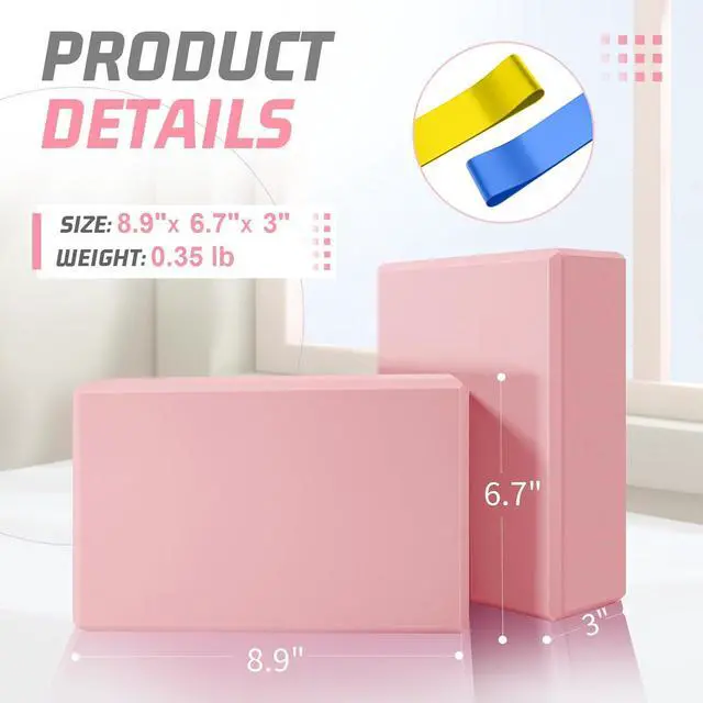 Alt view image 2 of 7 - Yoga Blocks 2 Pack 3x6x9IN Foam Block Supportive Latex-Free with Stretch Band, Non-Slip Exercise Blocks for Pilates, Meditation, Balance, Stretching and Deep Poses (Pink)