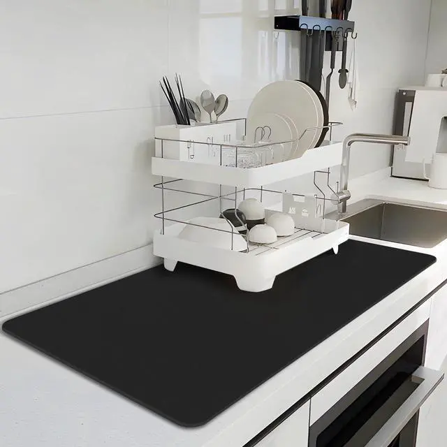Main image of Dish Drying Mat for Kitchen, 16'' x 24'' Coffee Bar Mat for Countertops, Coffee Station Mats with Non-slip Rubber Backed, Absorbent Dish Dying Mat for Kitchen Counter, Black