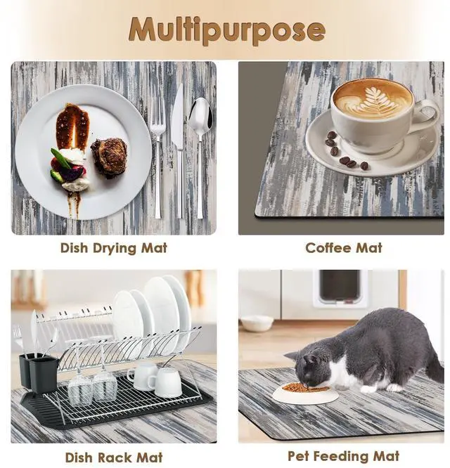 Alt view image 6 of 7 - Coffee Mat for Countertops, Abstract Tan Minimalism Grey Dish Drying Mat 2 Pcs for Kitchen Bar Accessories, Fit Under Coffee Maker Espresso Machine Dish Rack Hide Stain Rubber 12x19in