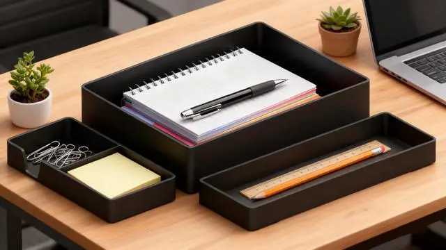 Alt view image 5 of 7 - Rectangular Plastic Desk Organizer Bundle, 3 Pieces with Half Accessory Tray, Small, Black