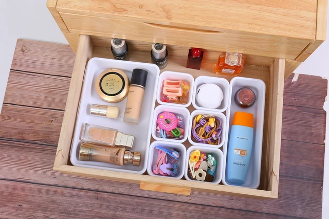 Alt view image 3 of 7 - 15PCS Interlocking Drawer Organizer, Plastic Desk Organizer Set 3-Size Versatile Storage Bins,BPA-free, Non-slip, Fits Any Drawer for Cosmetics, Bathroom, Tools, Kitchen and Office, White