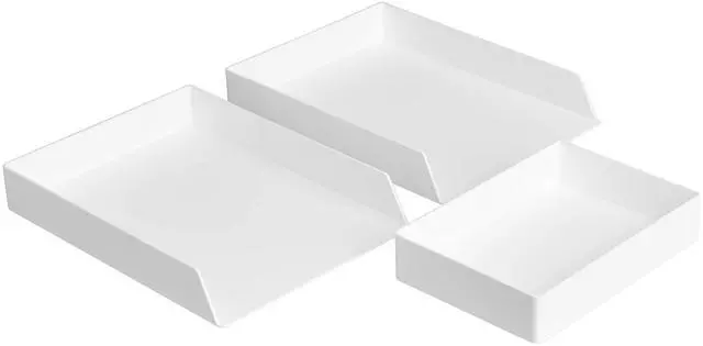 Main image of Rectangular Plastic Desk Organizer Bundle, 3 Pieces Letter Tray and Accessory Tray for Office Supplies, Document Organization, Workspace Storage, 10 x 13.4 inches, White