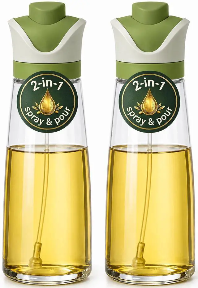 Main image of Olive Oil Dispenser for Kitchen 2-in-1 Pour and Spray | 11.5 oz / 340 ml | Glass Olive Oil Sprayer for Cooking, Airfryer, Salad & BBQ | Set of 2 Bottles, Green