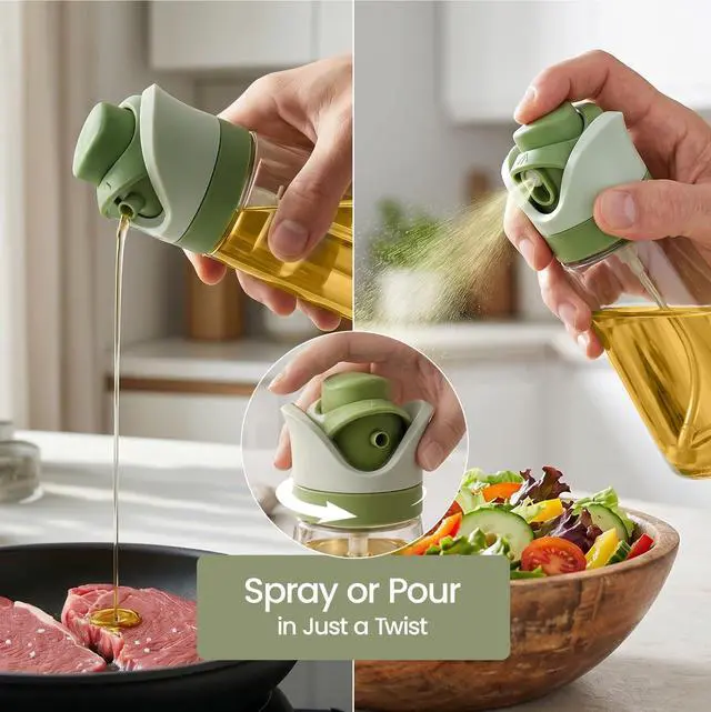 Alt view image 2 of 7 - Olive Oil Dispenser for Kitchen 2-in-1 Pour and Spray | 11.5 oz / 340 ml | Glass Olive Oil Sprayer for Cooking, Airfryer, Salad & BBQ | Set of 2 Bottles, Green