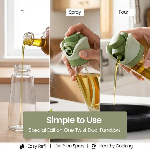 Alt view image 3 of 7 - Olive Oil Dispenser for Kitchen 2-in-1 Pour and Spray | 11.5 oz / 340 ml | Glass Olive Oil Sprayer for Cooking, Airfryer, Salad & BBQ | Set of 2 Bottles, Green