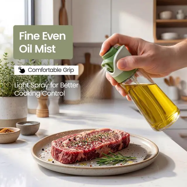 Alt view image 4 of 7 - Olive Oil Dispenser for Kitchen 2-in-1 Pour and Spray | 11.5 oz / 340 ml | Glass Olive Oil Sprayer for Cooking, Airfryer, Salad & BBQ | Set of 2 Bottles, Green