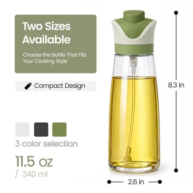 Alt view image 6 of 7 - Olive Oil Dispenser for Kitchen 2-in-1 Pour and Spray | 11.5 oz / 340 ml | Glass Olive Oil Sprayer for Cooking, Airfryer, Salad & BBQ | Set of 2 Bottles, Green