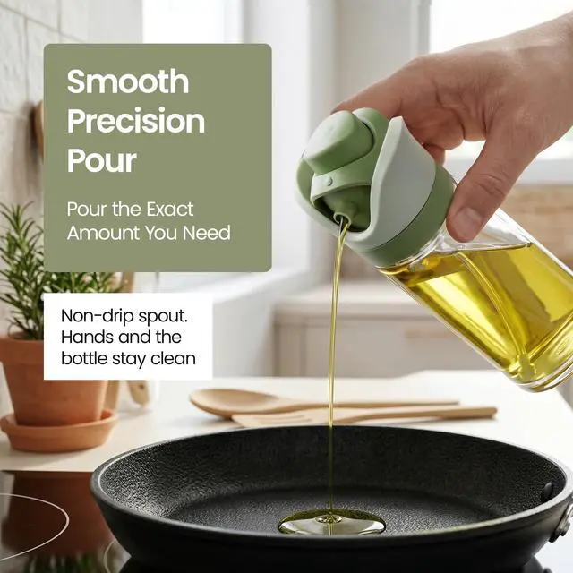 Alt view image 5 of 7 - Olive Oil Dispenser for Kitchen 2-in-1 Pour and Spray | 11.5 oz / 340 ml | Glass Olive Oil Sprayer for Cooking, Airfryer, Salad & BBQ | Set of 2 Bottles, Green