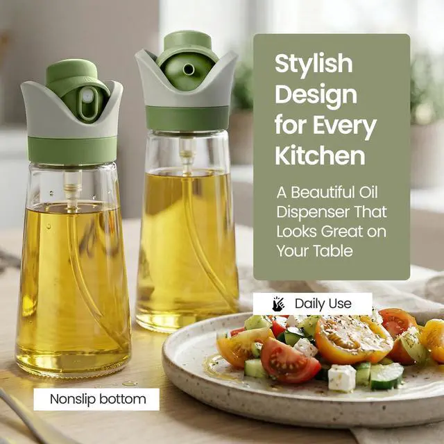 Alt view image 7 of 7 - Olive Oil Dispenser for Kitchen 2-in-1 Pour and Spray | 11.5 oz / 340 ml | Glass Olive Oil Sprayer for Cooking, Airfryer, Salad & BBQ | Set of 2 Bottles, Green