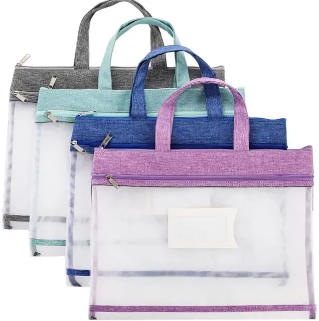 Main image of 4 Pack Student Book Pouches, A4 Mesh Zipper Bag with Handle, File Document Puzzle Bag with Name Card Pocket for Organizing Storage Board Games, School Office Appliances, Convenient to Carry