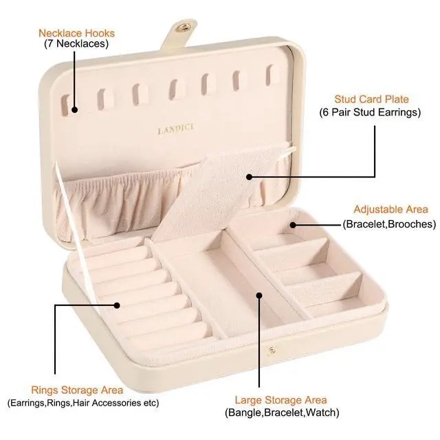 Alt view image 3 of 7 - Small Jewelry Box for Women Girls, PU Leather Travel Jewelry Case, Portable Jewelry Organizer Storage Holder Display for Ring Earrings Necklace Bracelet Brooch Men Kids Gift, Apricot
