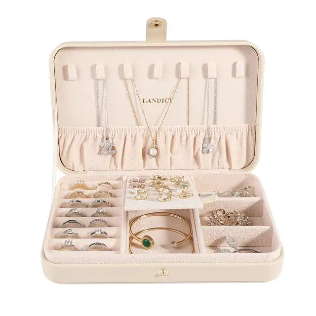 Alt view image 2 of 7 - Small Jewelry Box for Women Girls, PU Leather Travel Jewelry Case, Portable Jewelry Organizer Storage Holder Display for Ring Earrings Necklace Bracelet Brooch Men Kids Gift, Apricot