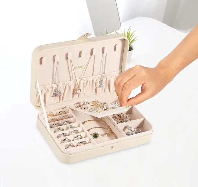 Alt view image 5 of 7 - Small Jewelry Box for Women Girls, PU Leather Travel Jewelry Case, Portable Jewelry Organizer Storage Holder Display for Ring Earrings Necklace Bracelet Brooch Men Kids Gift, Apricot
