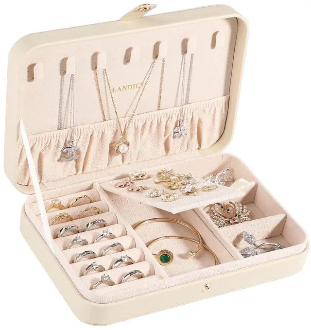 Main image of Small Jewelry Box for Women Girls, PU Leather Travel Jewelry Case, Portable Jewelry Organizer Storage Holder Display for Ring Earrings Necklace Bracelet Brooch Men Kids Gift, Apricot