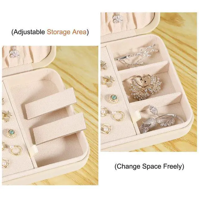 Alt view image 4 of 7 - Small Jewelry Box for Women Girls, PU Leather Travel Jewelry Case, Portable Jewelry Organizer Storage Holder Display for Ring Earrings Necklace Bracelet Brooch Men Kids Gift, Apricot