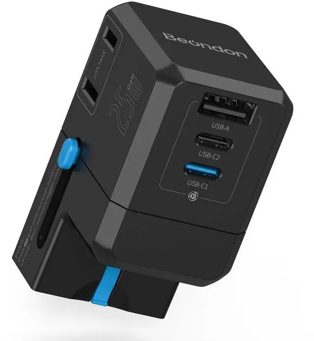 Main image of International Travel Adapter, 2 AC Outlets, 25W USB-C 3 USB, Black