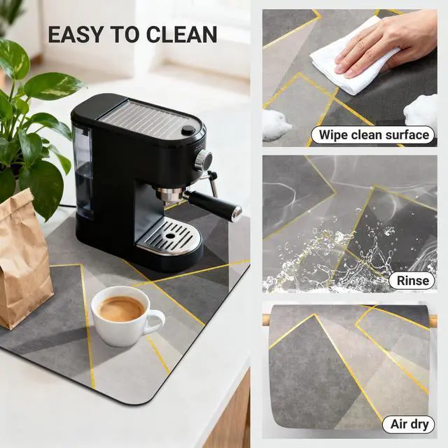 Alt view image 4 of 7 - 60x40 cm, Gray Geometric Kitchen Coffee Mat, Absorbent Hide Stain Rubber Backed Dish Drying Mat for Kitchen Counter, Mat for Countertops,Under Coffee Bar Maker Machine Pot Espresso Staion
