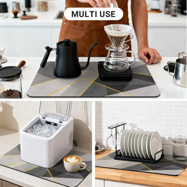 Alt view image 6 of 7 - 60x40 cm, Gray Geometric Kitchen Coffee Mat, Absorbent Hide Stain Rubber Backed Dish Drying Mat for Kitchen Counter, Mat for Countertops,Under Coffee Bar Maker Machine Pot Espresso Staion