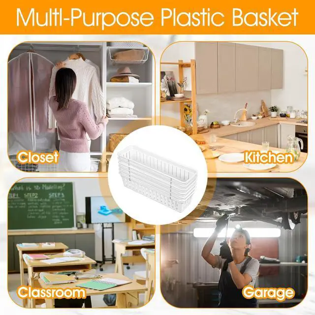 Alt view image 4 of 7 - 12 Pack Slim Plastic Storage Baskets Tray for Organizing 10.23 X 2.36 X2.28 Inch Stackable Small Narrow Storage Bins White Pencil Organizer Basket for Classroom Office Desk Garage Cabinet Containers
