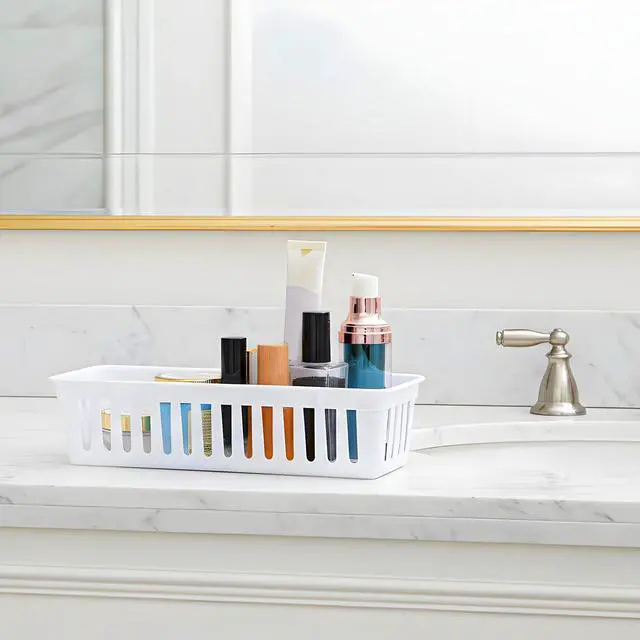 Alt view image 6 of 7 - 12 Pack Slim Plastic Storage Baskets Tray for Organizing 10.23 X 2.36 X2.28 Inch Stackable Small Narrow Storage Bins White Pencil Organizer Basket for Classroom Office Desk Garage Cabinet Containers