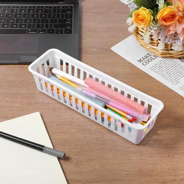 Alt view image 7 of 7 - 12 Pack Slim Plastic Storage Baskets Tray for Organizing 10.23 X 2.36 X2.28 Inch Stackable Small Narrow Storage Bins White Pencil Organizer Basket for Classroom Office Desk Garage Cabinet Containers
