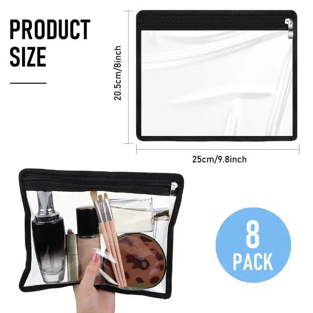 Alt view image 2 of 7 - 8 Pcs Clear Zipper Pouches Pencil Pouches PVC Makeup Pouch Envelopes Folder Storage Multi Purpose Pouch Document File Organization Bags, Office Supplies (Black Edging, 9.8 x 8 Inches)