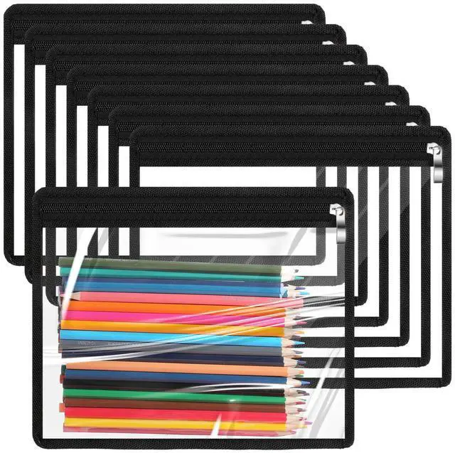 Main image of 8 Pcs Clear Zipper Pouches Pencil Pouches PVC Makeup Pouch Envelopes Folder Storage Multi Purpose Pouch Document File Organization Bags, Office Supplies (Black Edging, 9.8 x 8 Inches)