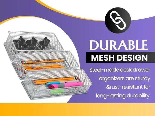 Alt view image 4 of 7 - Silver Mesh Drawer Cabinet and or Shelf Organizer Bins, School Supply Holder Office Desktop Organizer Basket 1591s (1, 6x12x2 Inch)