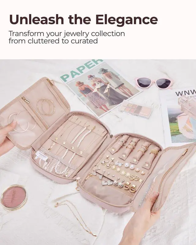 Alt view image 3 of 7 - Jewelry Organizer Case Large Travel Jewelry Storage Bag for Necklace, Earrings, Rings, Bracelet, Soft Pink