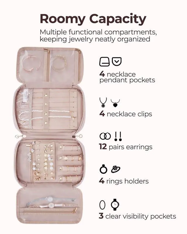 Alt view image 4 of 7 - Jewelry Organizer Case Large Travel Jewelry Storage Bag for Necklace, Earrings, Rings, Bracelet, Soft Pink