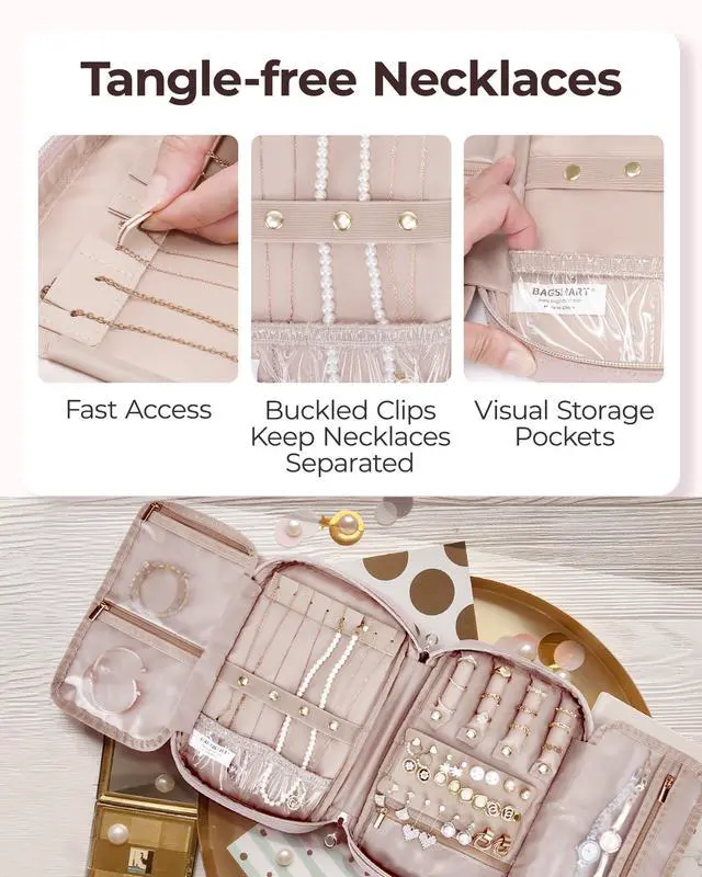 Alt view image 5 of 7 - Jewelry Organizer Case Large Travel Jewelry Storage Bag for Necklace, Earrings, Rings, Bracelet, Soft Pink