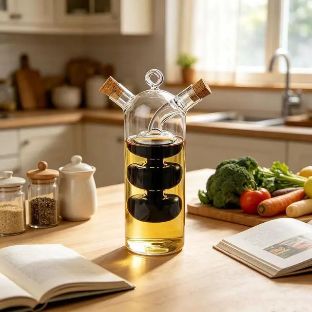 Alt view image 6 of 7 - Olive Oil and Vinegar Dispenser Cruet Bottles, 2 in 1 Transparent Dual Glass for Kitchen Cooking Container