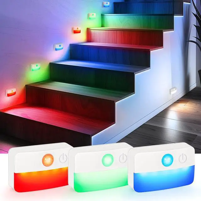 Main image of 3 Pack Motion Sensor Stair Lights for Indoor, Wireless RGB Battery Operated Night Light, Led Stick On Hallway Closet Under Cabinet Step Portable Lamp for Bedroom Kitchen Bathroom