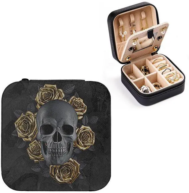 Main image of Gothic Skull with Roses Small Travel Jewelry Case with Mirror
