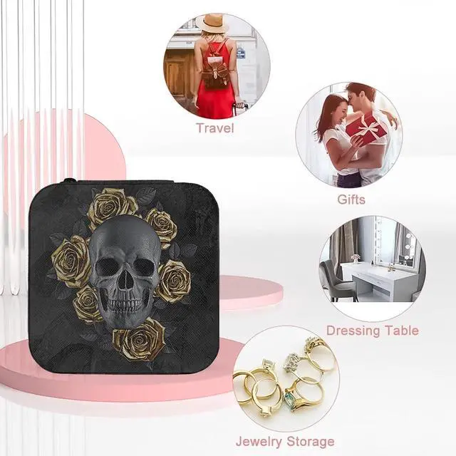 Alt view image 7 of 7 - Gothic Skull with Roses Small Travel Jewelry Case with Mirror