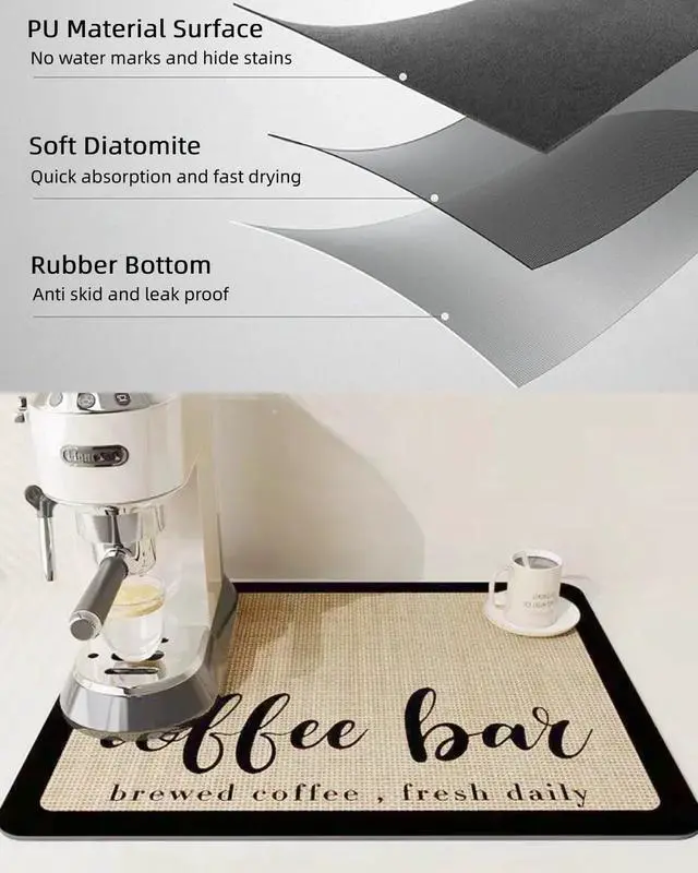 Alt view image 3 of 7 - Coffee Mat 12"x19" Coffee Bar Mat Rubber Backed Bar Accessories Super Absorbent Dish Drying Mats for Kitchen Counter, Fit Under Coffee Maker Espresso Machine Dish Rack (Cream)