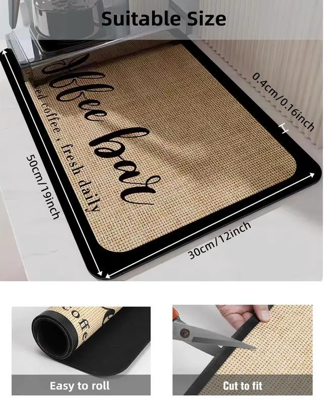 Alt view image 5 of 7 - Coffee Mat 12"x19" Coffee Bar Mat Rubber Backed Bar Accessories Super Absorbent Dish Drying Mats for Kitchen Counter, Fit Under Coffee Maker Espresso Machine Dish Rack (Cream)
