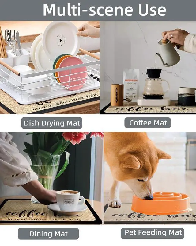 Alt view image 6 of 7 - Coffee Mat 12"x19" Coffee Bar Mat Rubber Backed Bar Accessories Super Absorbent Dish Drying Mats for Kitchen Counter, Fit Under Coffee Maker Espresso Machine Dish Rack (Cream)