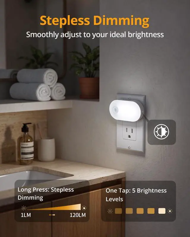 Alt view image 4 of 7 - 120LM Ultra Bright Plug-in Motion Sensor Night Light, Stepless Dimmable LED Nightlight, Always-On and Auto-Off, for Hallway, Stairs, Bathroom, Bedroom, Garage, Cool White (2-Pack)