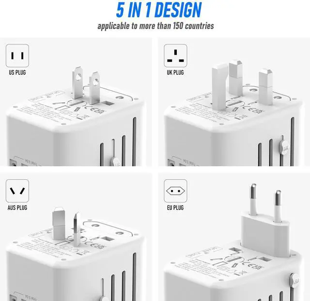 Alt view image 3 of 7 - Universal International Power Travel Plug Adapter, 5 in 1 European Travel Plug Adapter W/ 3.5A 2xUSB-A and 2xUSB C Wall Charger and Worldwide AC Outlet for Europe USA UK AUS Asia (White Grey)
