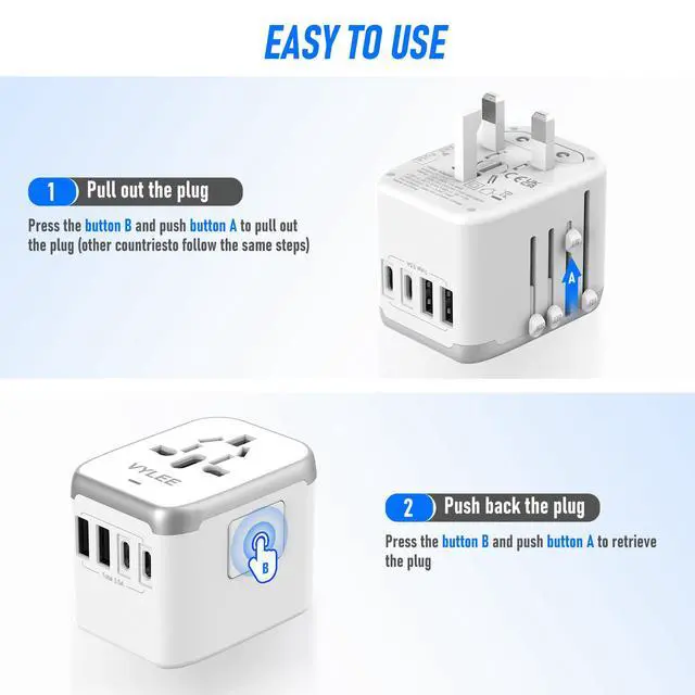 Alt view image 4 of 7 - Universal International Power Travel Plug Adapter, 5 in 1 European Travel Plug Adapter W/ 3.5A 2xUSB-A and 2xUSB C Wall Charger and Worldwide AC Outlet for Europe USA UK AUS Asia (White Grey)